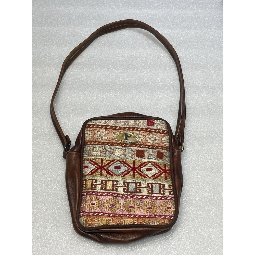 VTG PERSI Handcrafted Leather & Tapestry Shoulder Bag Boho Rug Kilim Purse Brown